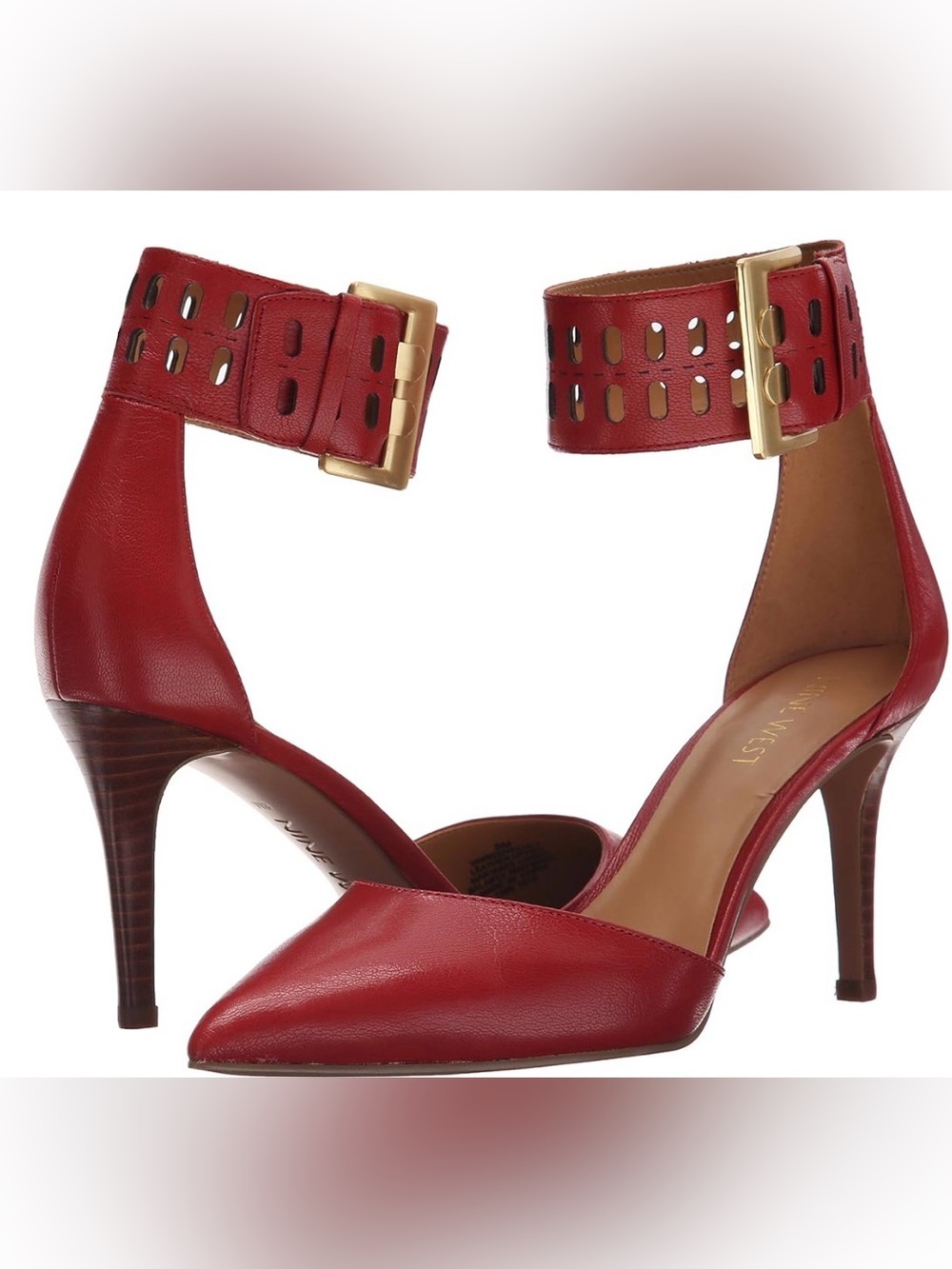 Nine West Red Leather Ankle-Strap Pointed-Toe Heels